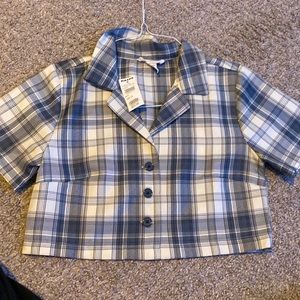 plaid cropped shirt, grey and white